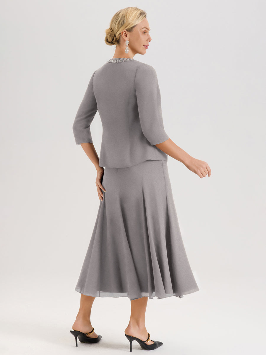 Cicinia Argent Ensemble 3 Pièces Robe Mère De La Mariée Mi-Long À Col Carré Et Manches Trois-Quarts En Mousseline