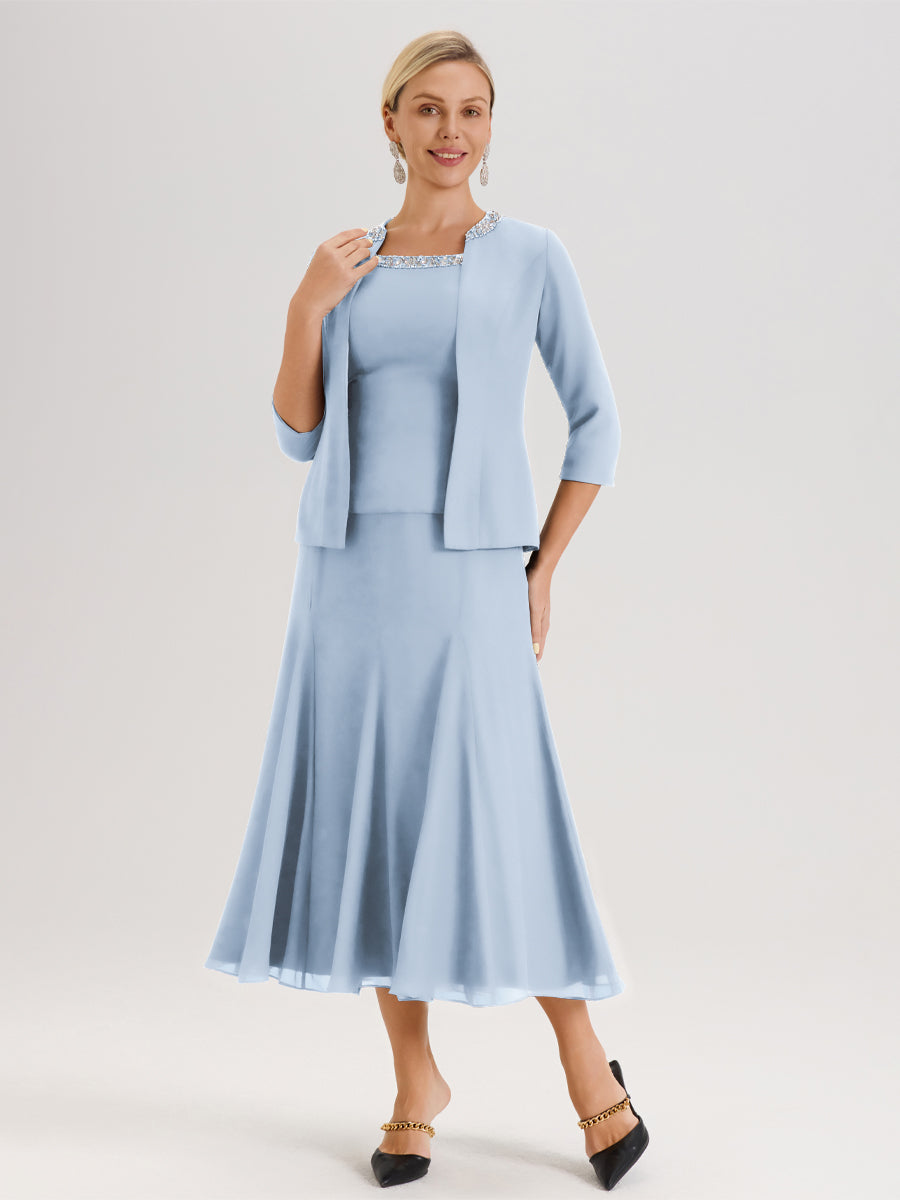 Cicinia Bleu Ciel Ensemble 3 Pièces Robe Mère De La Mariée Mi-Long À Col Carré Et Manches Trois-Quarts En Mousseline