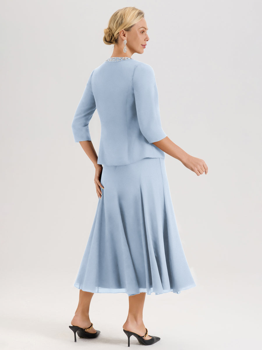 Cicinia Bleu Ciel Ensemble 3 Pièces Robe Mère De La Mariée Mi-Long À Col Carré Et Manches Trois-Quarts En Mousseline