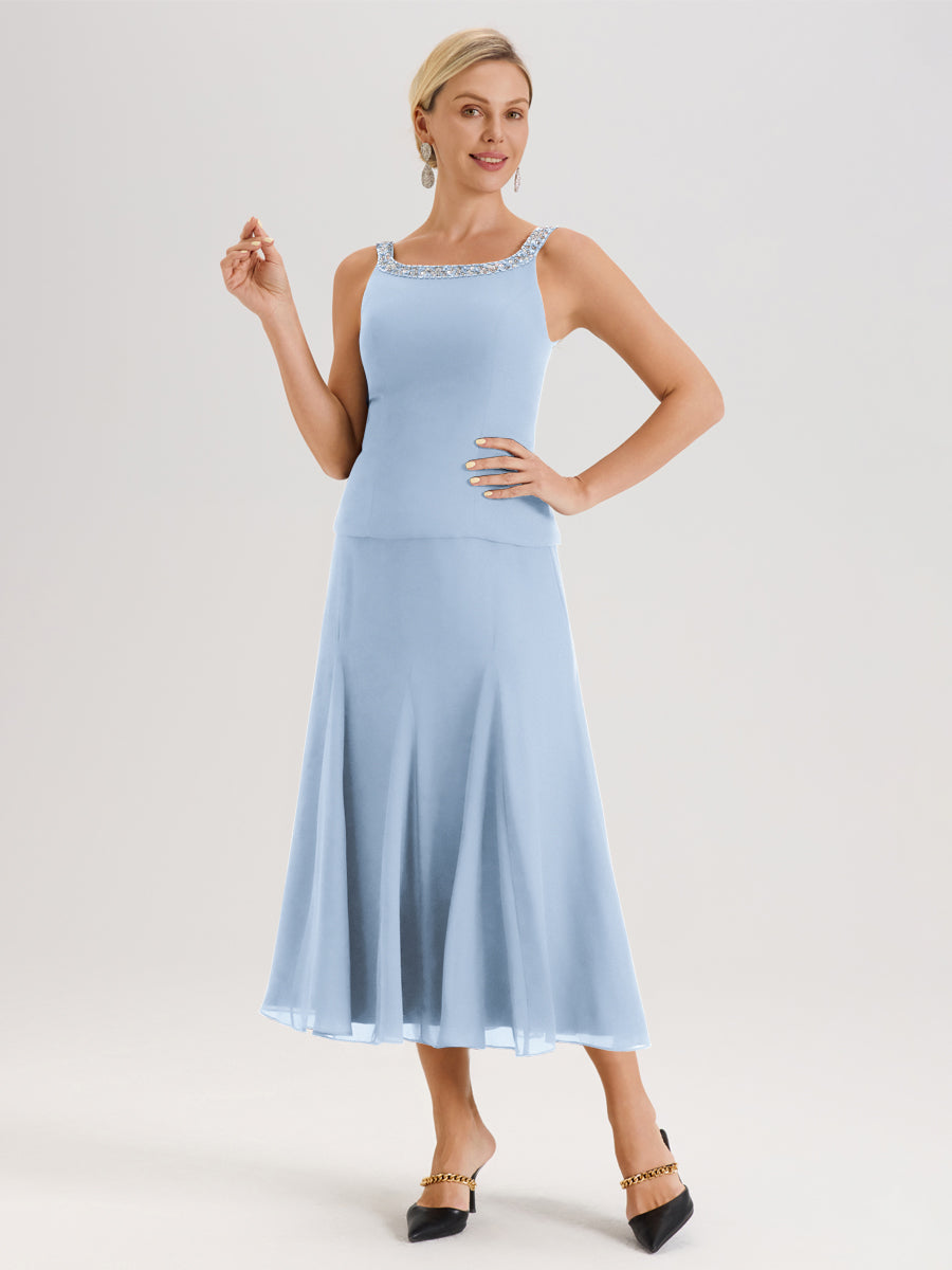 Cicinia Bleu Ciel Ensemble 3 Pièces Robe Mère De La Mariée Mi-Long À Col Carré Et Manches Trois-Quarts En Mousseline