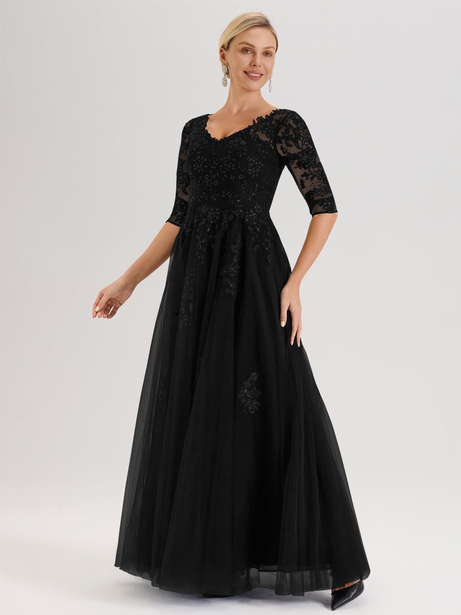 Cicinia Noir Robe De Mère De La Mariée Longue Ligne A En Tulle Mousseline Et Dentelle À Décolleté En V Et Manches Demi