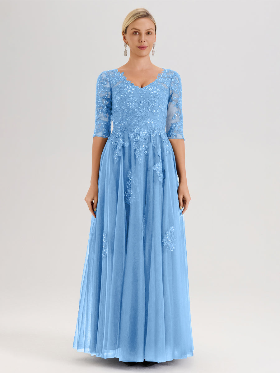 Cicinia Bleu Robe De Mère De La Mariée Longue Ligne A En Tulle Mousseline Et Dentelle À Décolleté En V Et Manches Demi