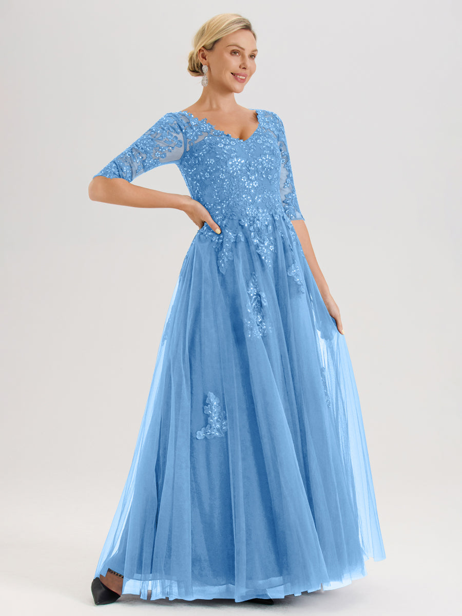 Cicinia Bleu Robe De Mère De La Mariée Longue Ligne A En Tulle Mousseline Et Dentelle À Décolleté En V Et Manches Demi