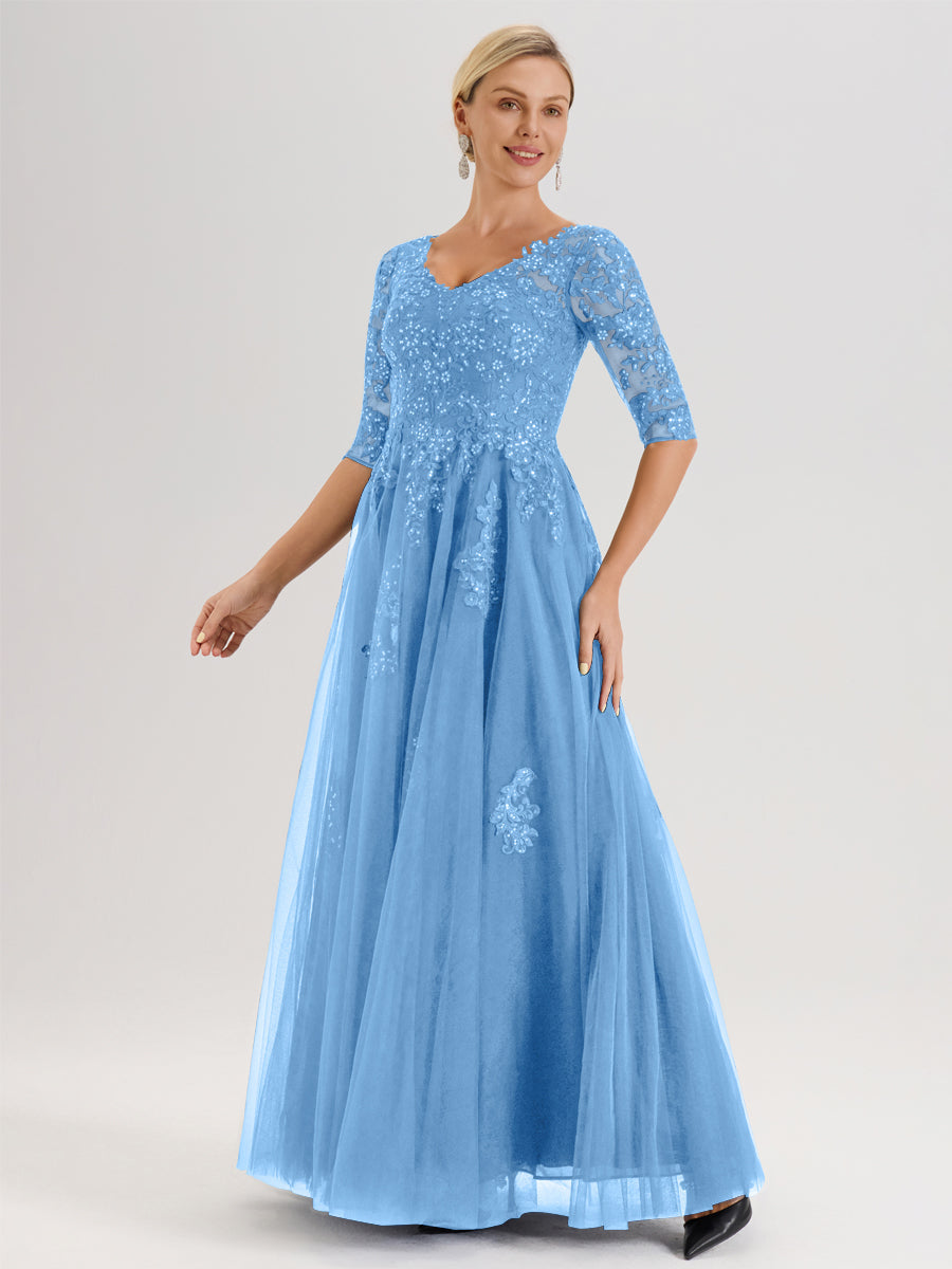 Cicinia Bleu Robe De Mère De La Mariée Longue Ligne A En Tulle Mousseline Et Dentelle À Décolleté En V Et Manches Demi