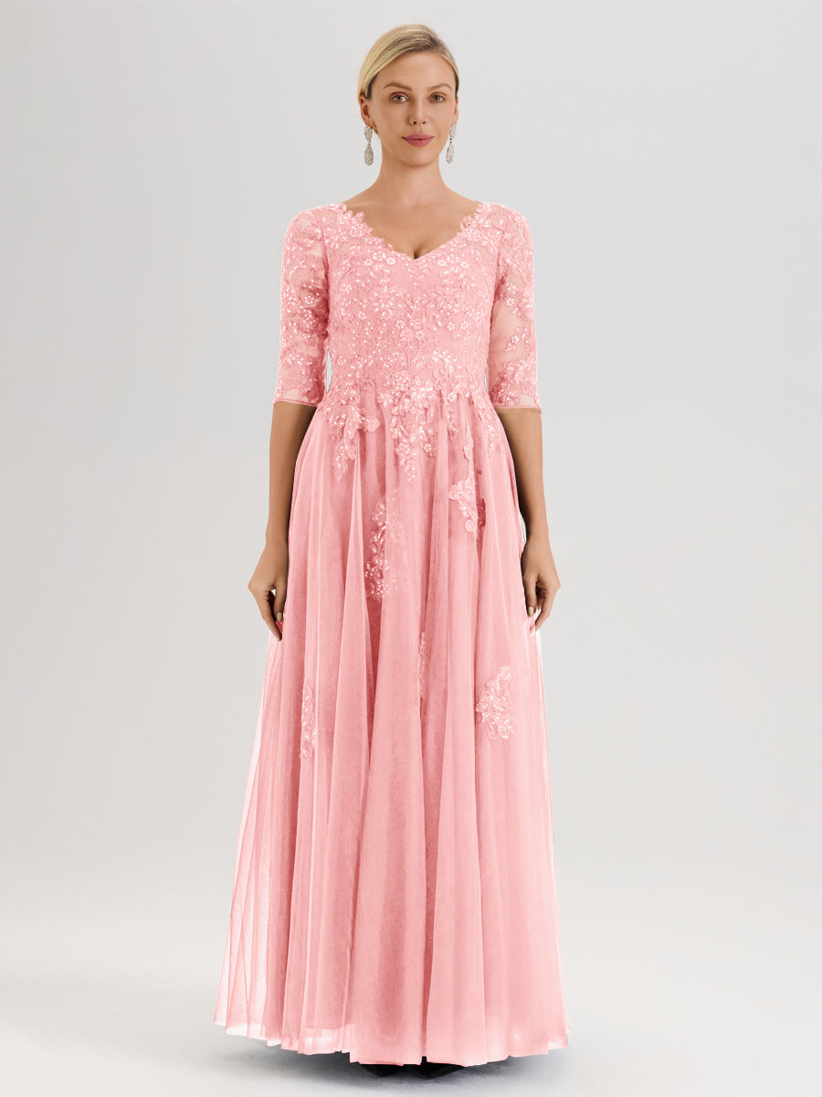 Cicinia Rose Robe De Mère De La Mariée Longue Ligne A En Tulle Mousseline Et Dentelle À Décolleté En V Et Manches Demi