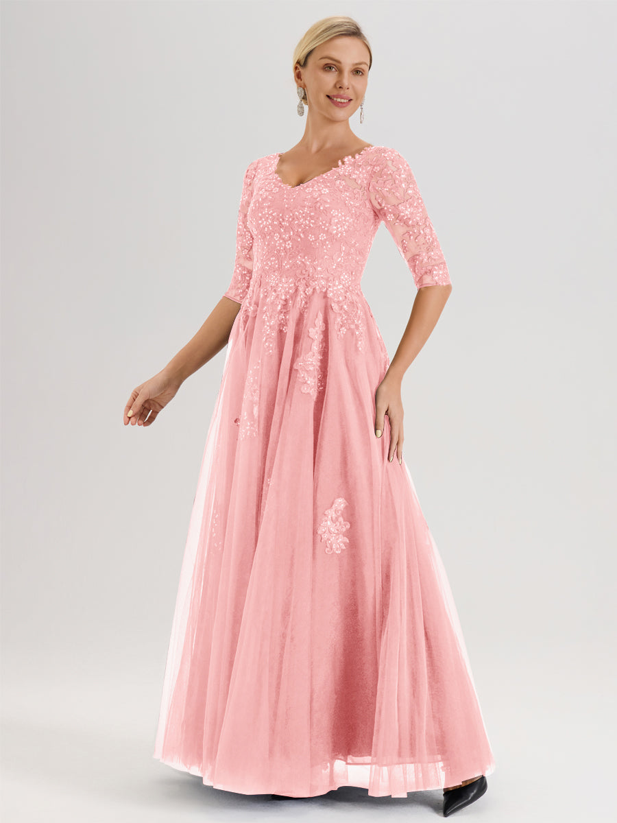 Cicinia Rose Robe De Mère De La Mariée Longue Ligne A En Tulle Mousseline Et Dentelle À Décolleté En V Et Manches Demi