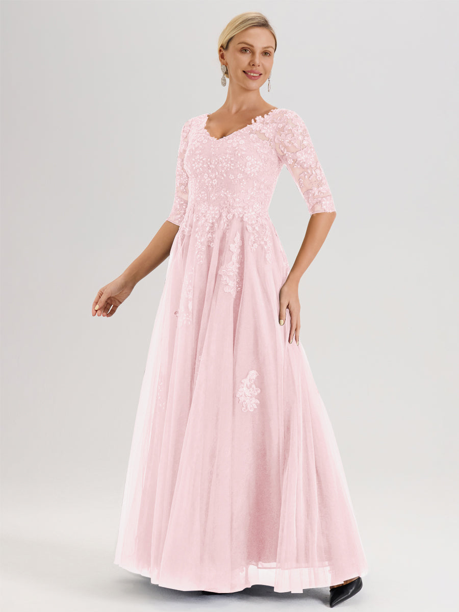 Cicinia Rose Pâle Robe De Mère De La Mariée Longue Ligne A En Tulle Mousseline Et Dentelle À Décolleté En V Et Manches Demi