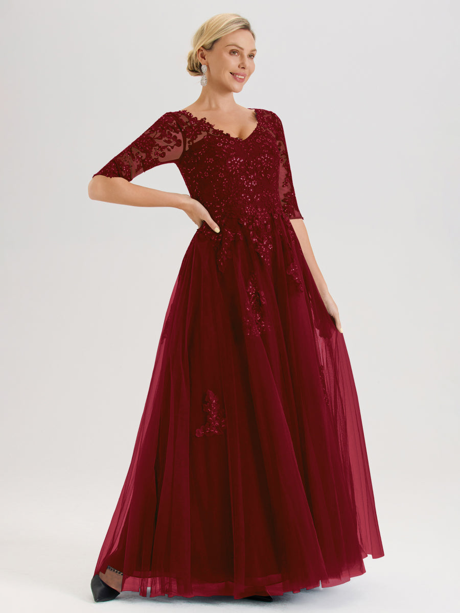 Cicinia Bordeaux Robe De Mère De La Mariée Longue Ligne A En Tulle Mousseline Et Dentelle À Décolleté En V Et Manches Demi