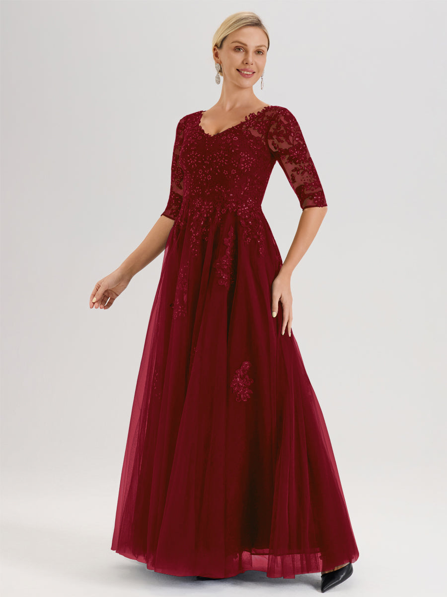 Cicinia Bordeaux Robe De Mère De La Mariée Longue Ligne A En Tulle Mousseline Et Dentelle À Décolleté En V Et Manches Demi
