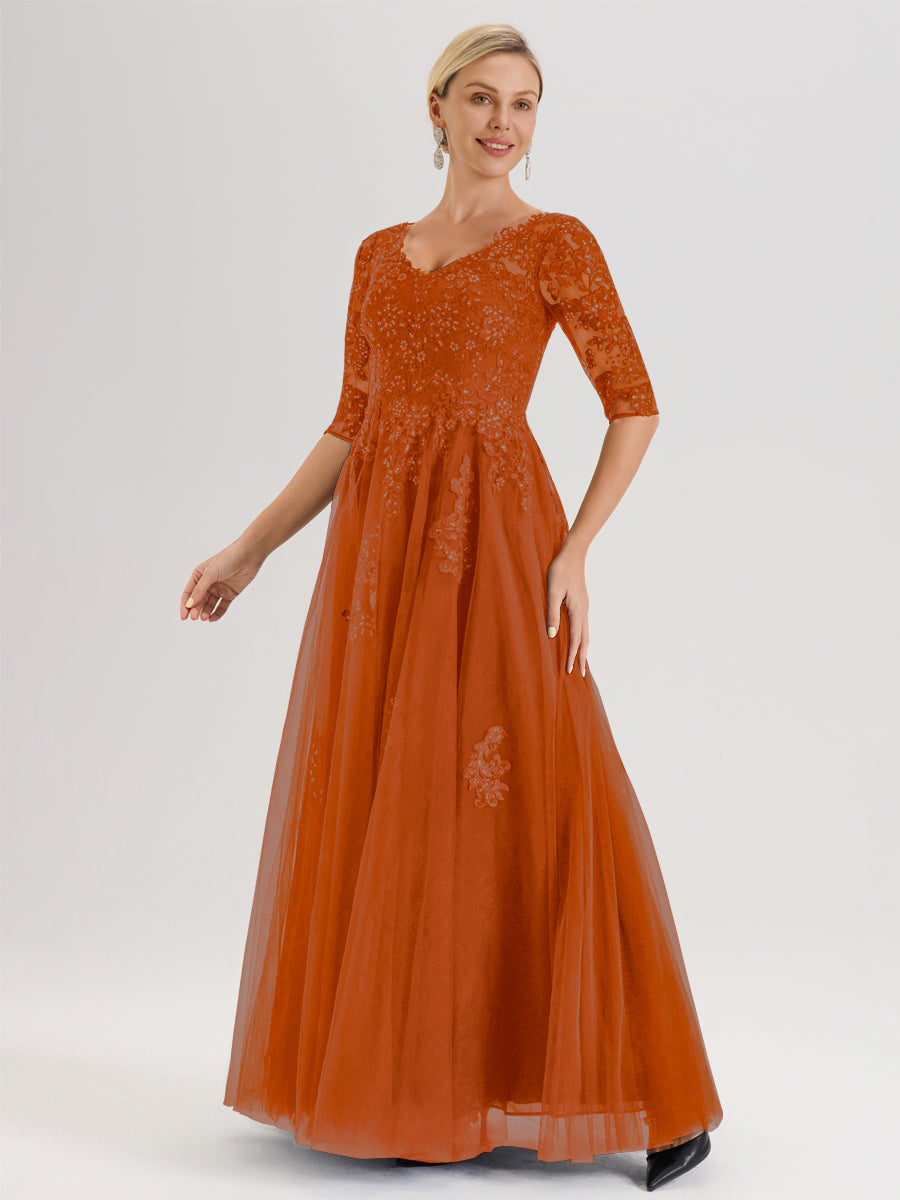 Cicinia Orange Brûlé Robe De Mère De La Mariée Longue Ligne A En Tulle Mousseline Et Dentelle À Décolleté En V Et Manches Demi