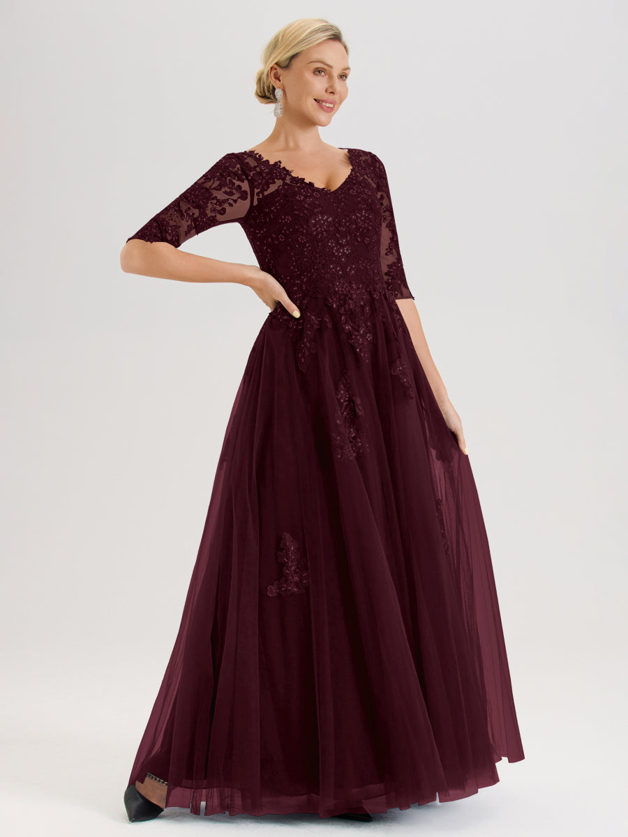 Cicinia Cabernet Robe De Mère De La Mariée Longue Ligne A En Tulle Mousseline Et Dentelle À Décolleté En V Et Manches Demi