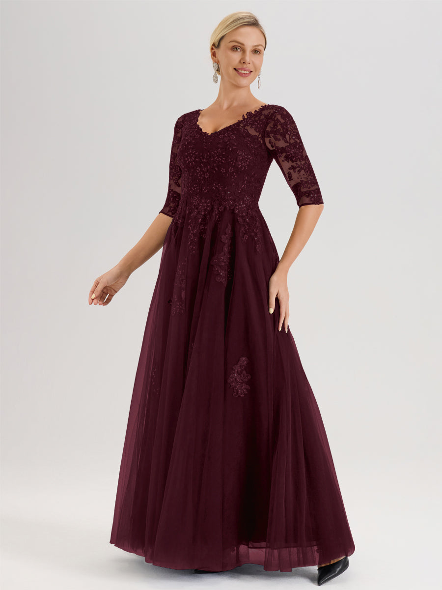 Cicinia Cabernet Robe De Mère De La Mariée Longue Ligne A En Tulle Mousseline Et Dentelle À Décolleté En V Et Manches Demi