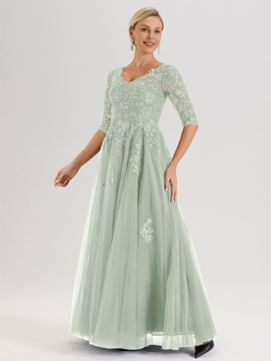 Cicinia Celadon Robe De Mère De La Mariée Longue Ligne A En Tulle Mousseline Et Dentelle À Décolleté En V Et Manches Demi