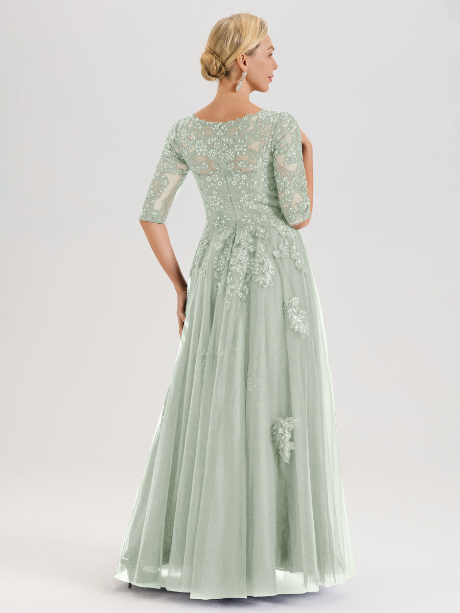 Cicinia Celadon Robe De Mère De La Mariée Longue Ligne A En Tulle Mousseline Et Dentelle À Décolleté En V Et Manches Demi