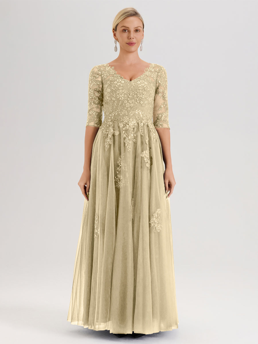 Cicinia Champagne Robe De Mère De La Mariée Longue Ligne A En Tulle Mousseline Et Dentelle À Décolleté En V Et Manches Demi
