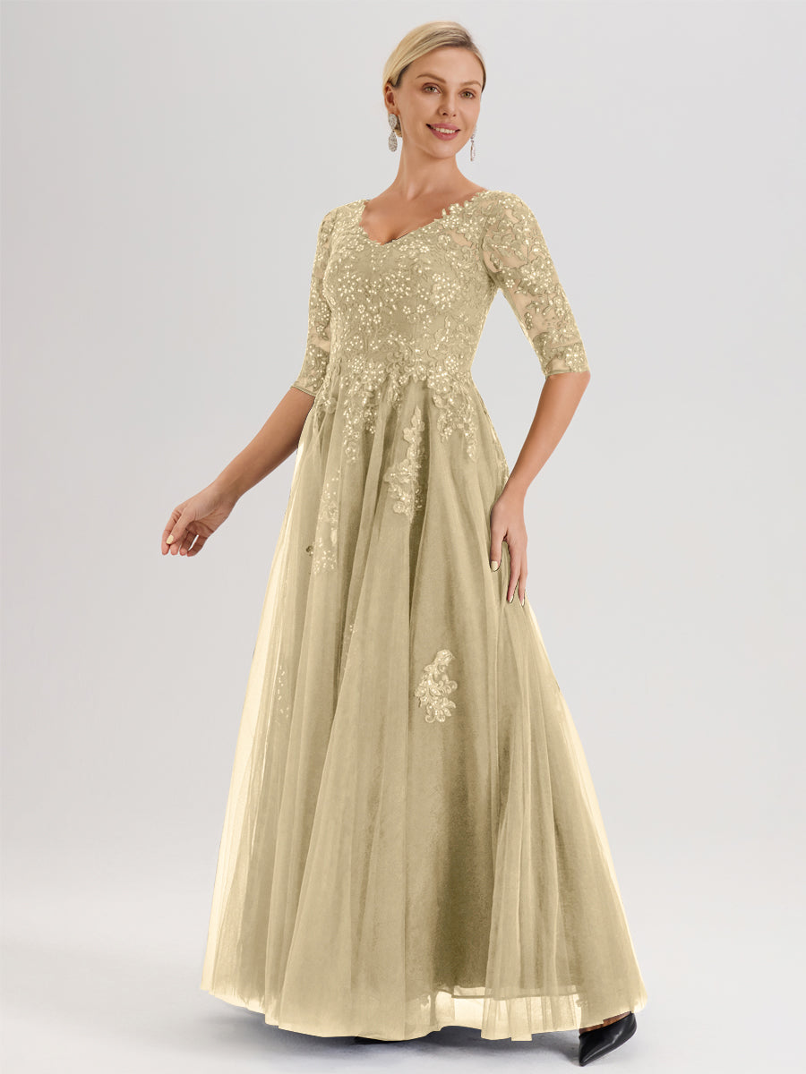 Cicinia Champagne Robe De Mère De La Mariée Longue Ligne A En Tulle Mousseline Et Dentelle À Décolleté En V Et Manches Demi