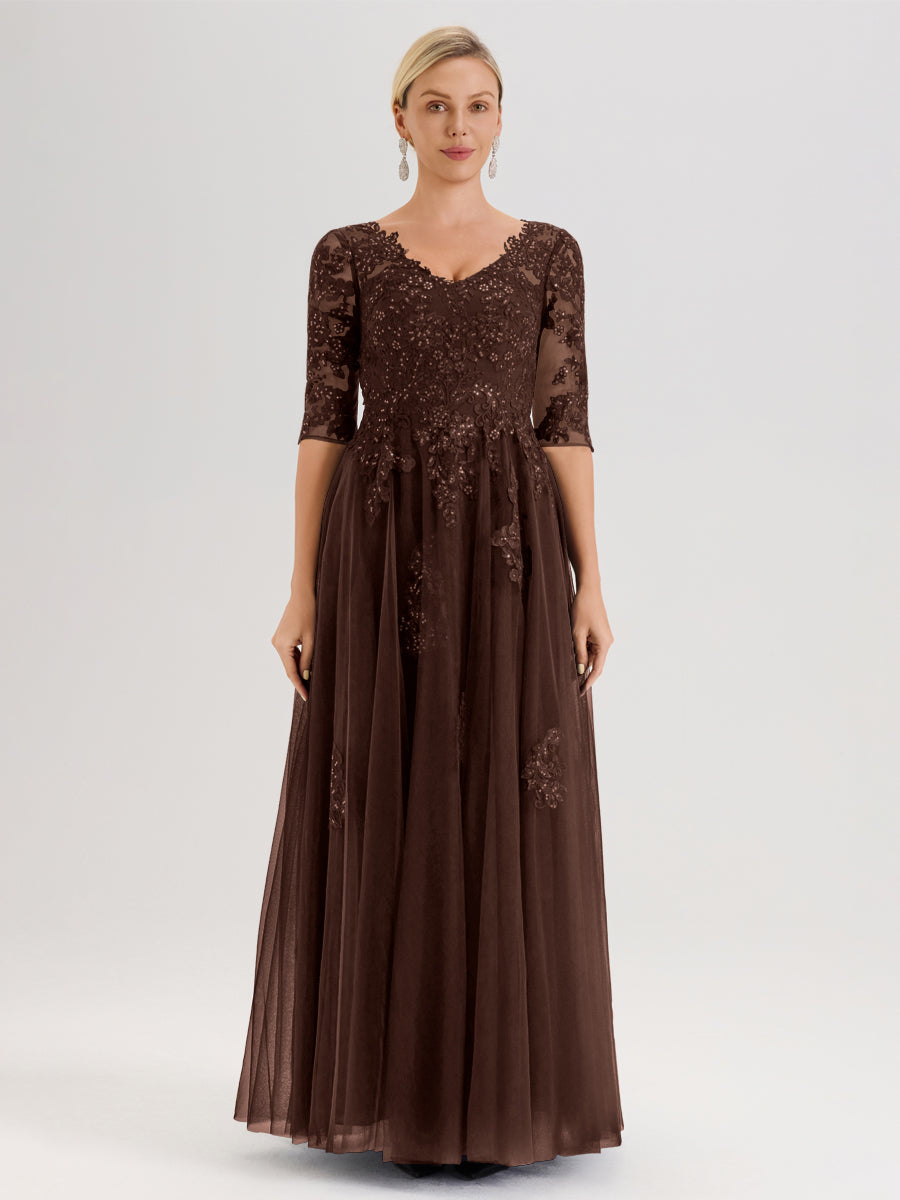 Cicinia Chocolat Robe De Mère De La Mariée Longue Ligne A En Tulle Mousseline Et Dentelle À Décolleté En V Et Manches Demi