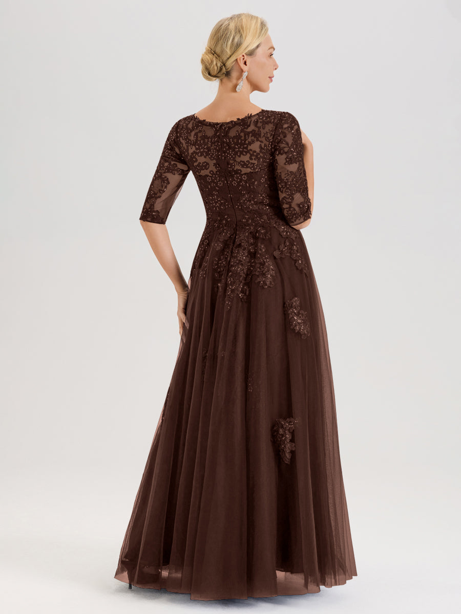 Cicinia Chocolat Robe De Mère De La Mariée Longue Ligne A En Tulle Mousseline Et Dentelle À Décolleté En V Et Manches Demi