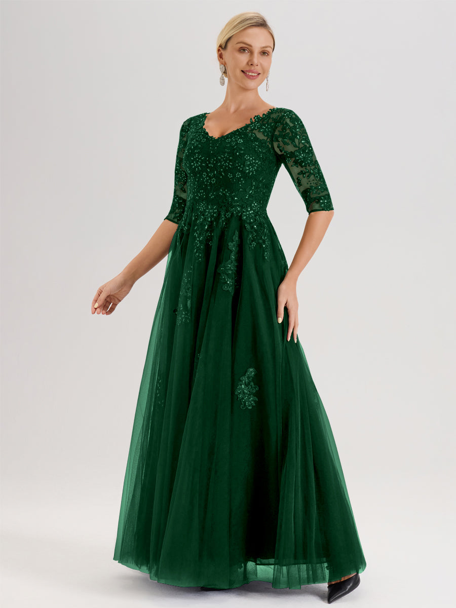 Cicinia Vert Foncé Robe De Mère De La Mariée Longue Ligne A En Tulle Mousseline Et Dentelle À Décolleté En V Et Manches Demi