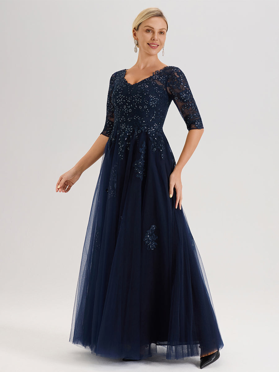Cicinia Bleu Marine Robe De Mère De La Mariée Longue Ligne A En Tulle Mousseline Et Dentelle À Décolleté En V Et Manches Demi