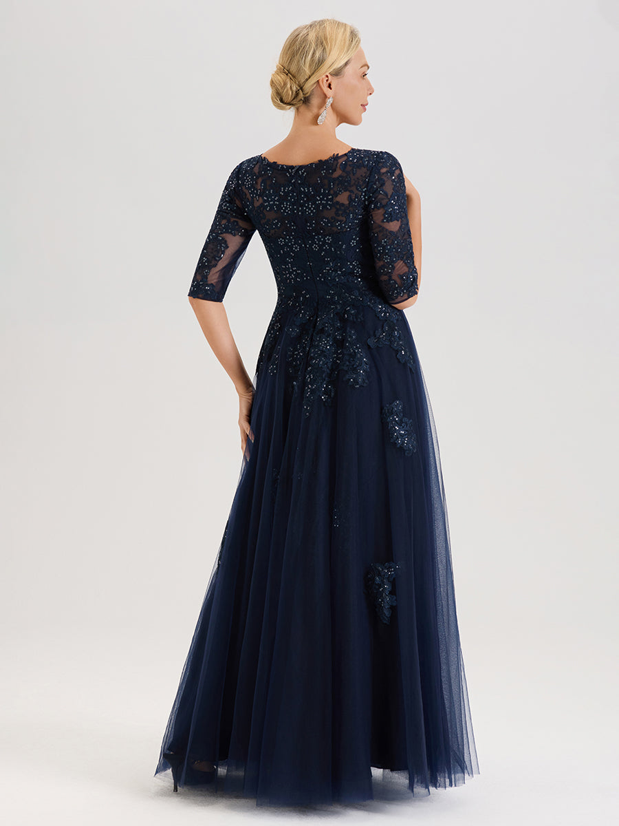 Cicinia Bleu Marine Robe De Mère De La Mariée Longue Ligne A En Tulle Mousseline Et Dentelle À Décolleté En V Et Manches Demi