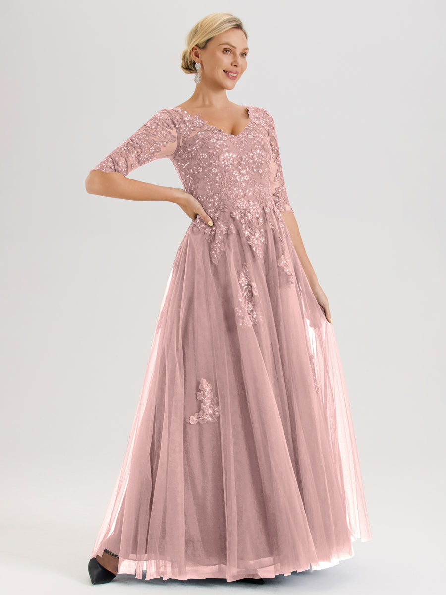 Cicinia Rose Poudré Robe De Mère De La Mariée Longue Ligne A En Tulle Mousseline Et Dentelle À Décolleté En V Et Manches Demi