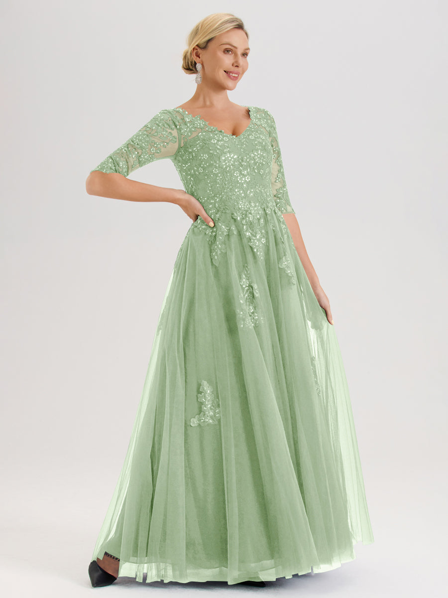 Cicinia Sauge Poudrée Robe De Mère De La Mariée Longue Ligne A En Tulle Mousseline Et Dentelle À Décolleté En V Et Manches Demi