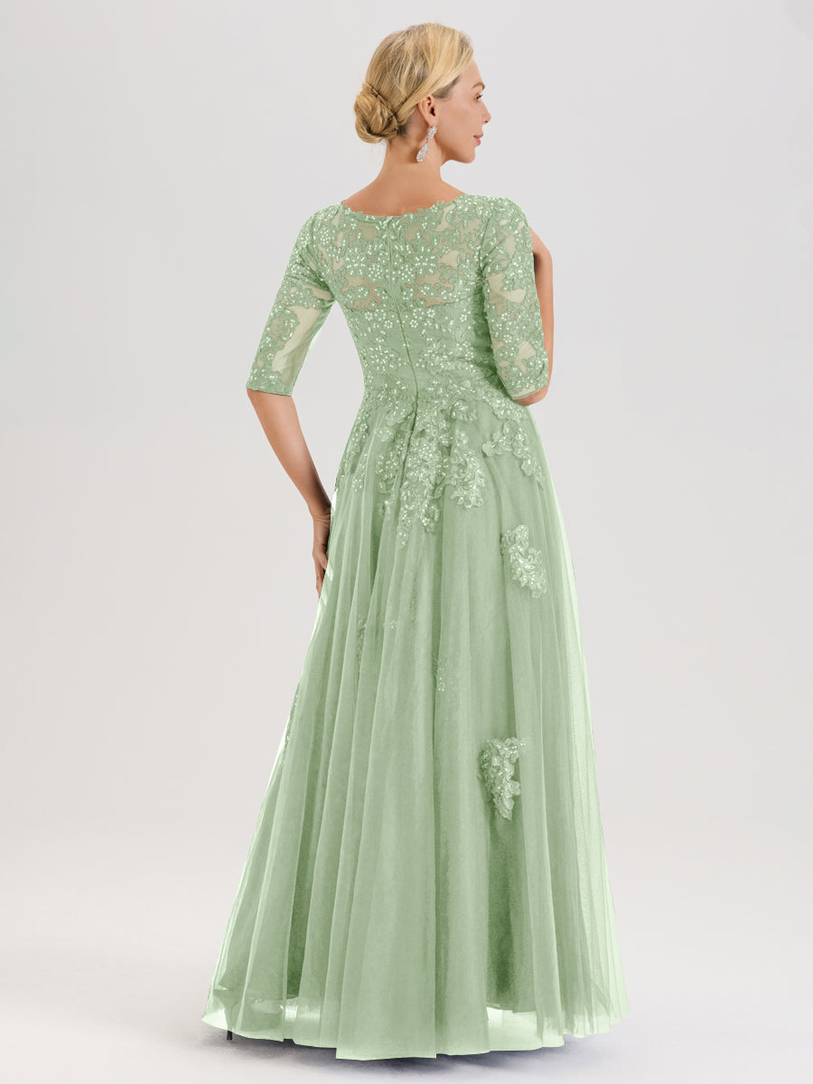 Cicinia Sauge Poudrée Robe De Mère De La Mariée Longue Ligne A En Tulle Mousseline Et Dentelle À Décolleté En V Et Manches Demi