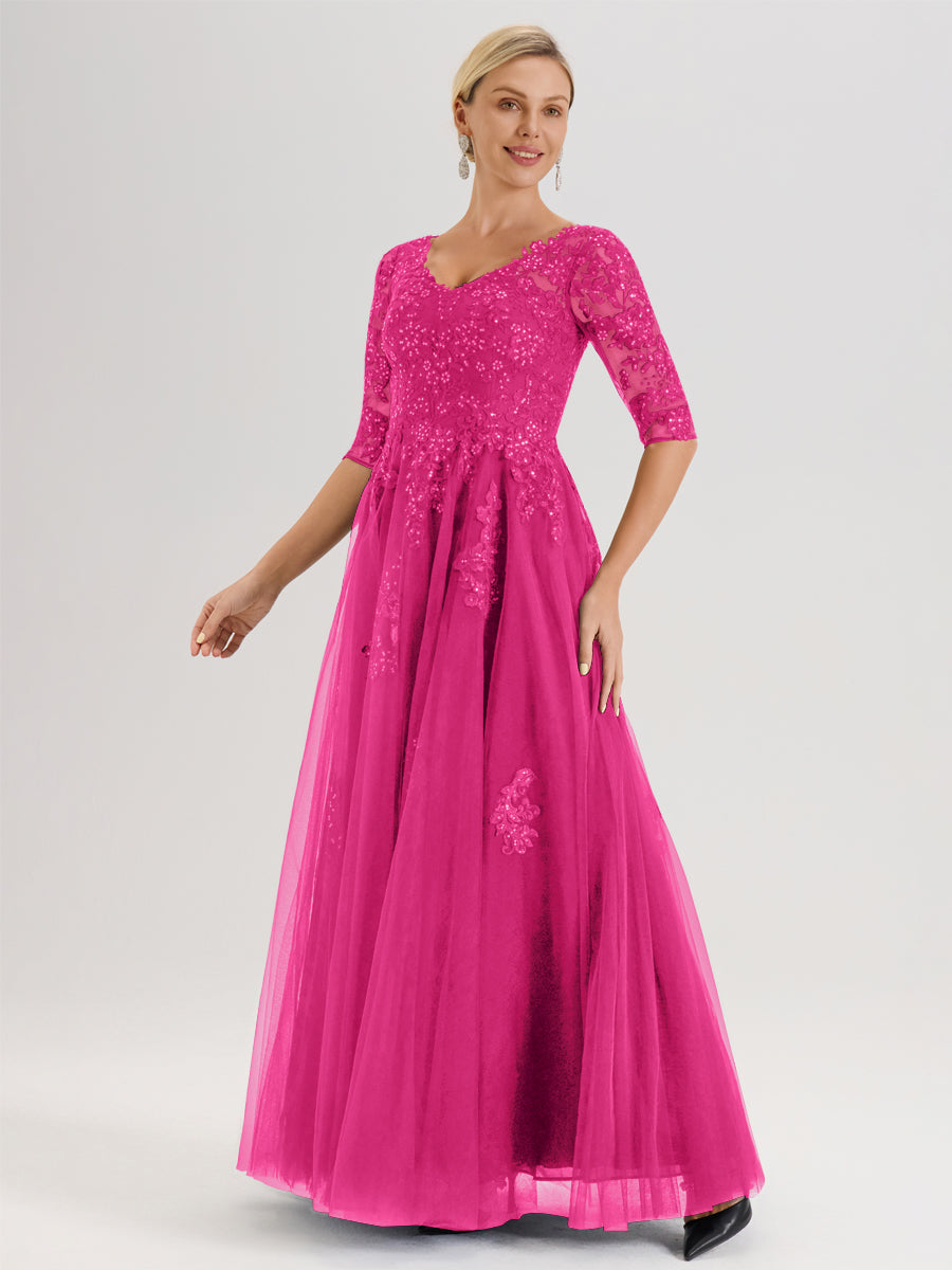 Cicinia Fuchsia Robe De Mère De La Mariée Longue Ligne A En Tulle Mousseline Et Dentelle À Décolleté En V Et Manches Demi
