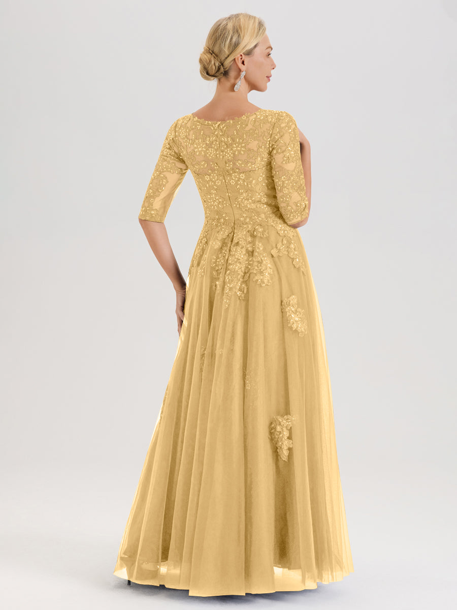 Cicinia Or Robe De Mère De La Mariée Longue Ligne A En Tulle Mousseline Et Dentelle À Décolleté En V Et Manches Demi