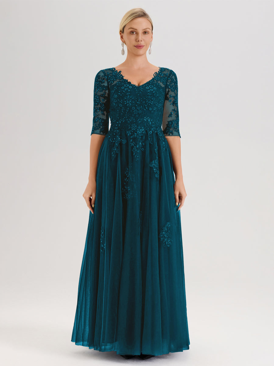 Cicinia Bleu Encre Robe De Mère De La Mariée Longue Ligne A En Tulle Mousseline Et Dentelle À Décolleté En V Et Manches Demi