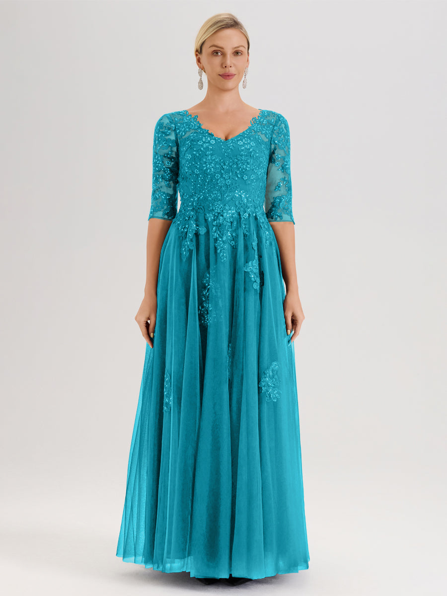 Cicinia Jade Robe De Mère De La Mariée Longue Ligne A En Tulle Mousseline Et Dentelle À Décolleté En V Et Manches Demi
