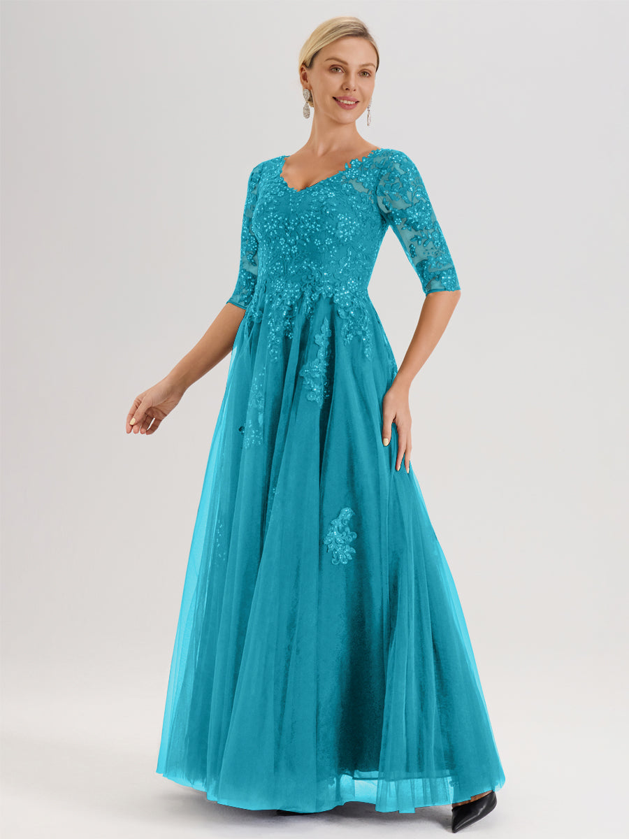 Cicinia Jade Robe De Mère De La Mariée Longue Ligne A En Tulle Mousseline Et Dentelle À Décolleté En V Et Manches Demi