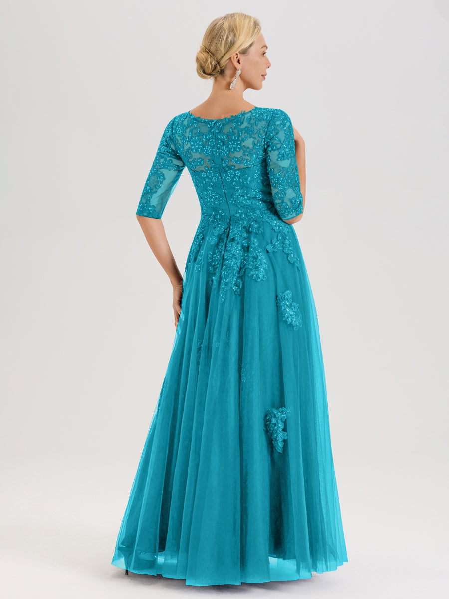 Cicinia Jade Robe De Mère De La Mariée Longue Ligne A En Tulle Mousseline Et Dentelle À Décolleté En V Et Manches Demi