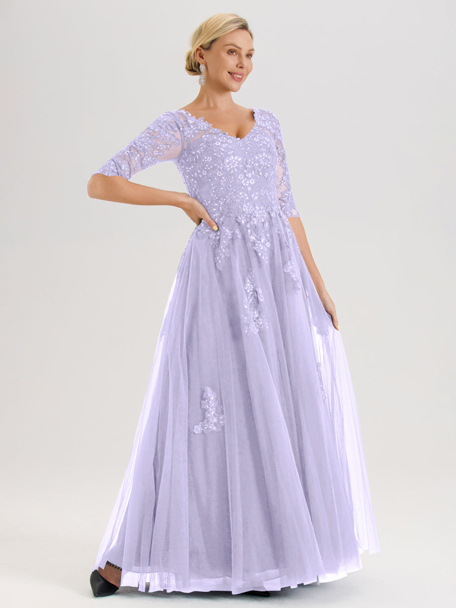 Cicinia Lilas Robe De Mère De La Mariée Longue Ligne A En Tulle Mousseline Et Dentelle À Décolleté En V Et Manches Demi
