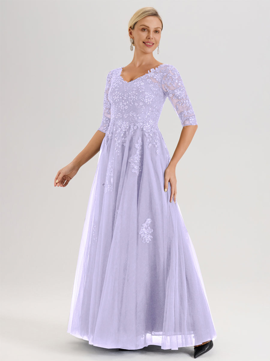 Cicinia Lilas Robe De Mère De La Mariée Longue Ligne A En Tulle Mousseline Et Dentelle À Décolleté En V Et Manches Demi