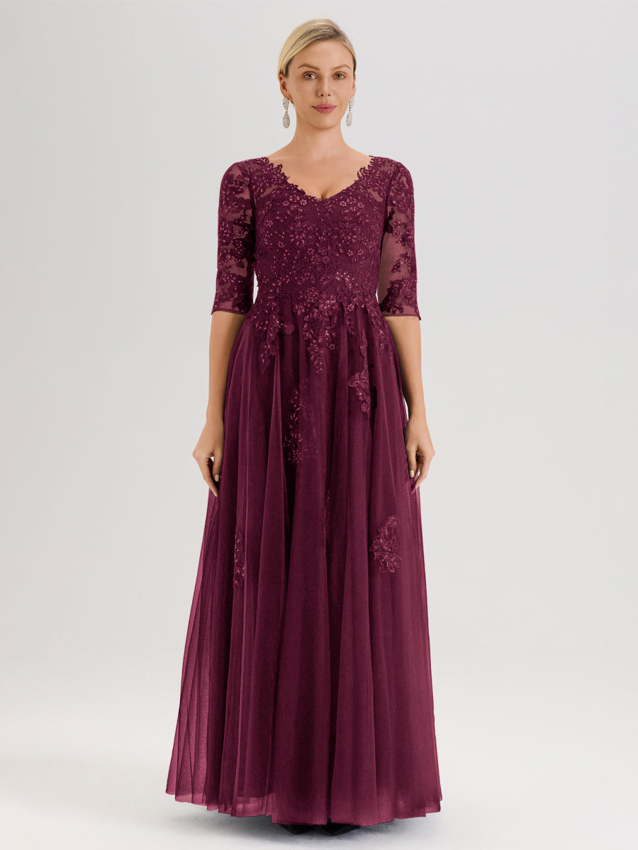 Cicinia Mûre Robe De Mère De La Mariée Longue Ligne A En Tulle Mousseline Et Dentelle À Décolleté En V Et Manches Demi