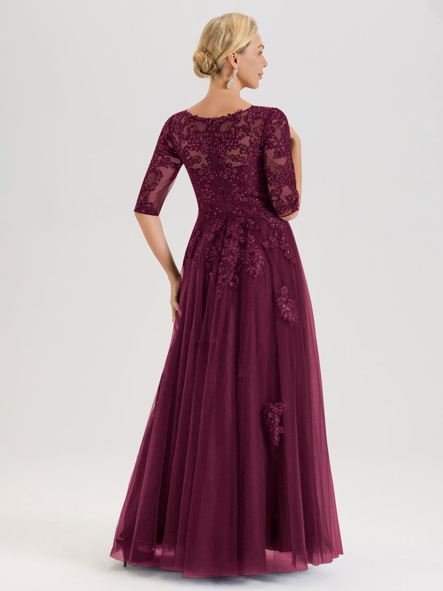 Cicinia Mûre Robe De Mère De La Mariée Longue Ligne A En Tulle Mousseline Et Dentelle À Décolleté En V Et Manches Demi