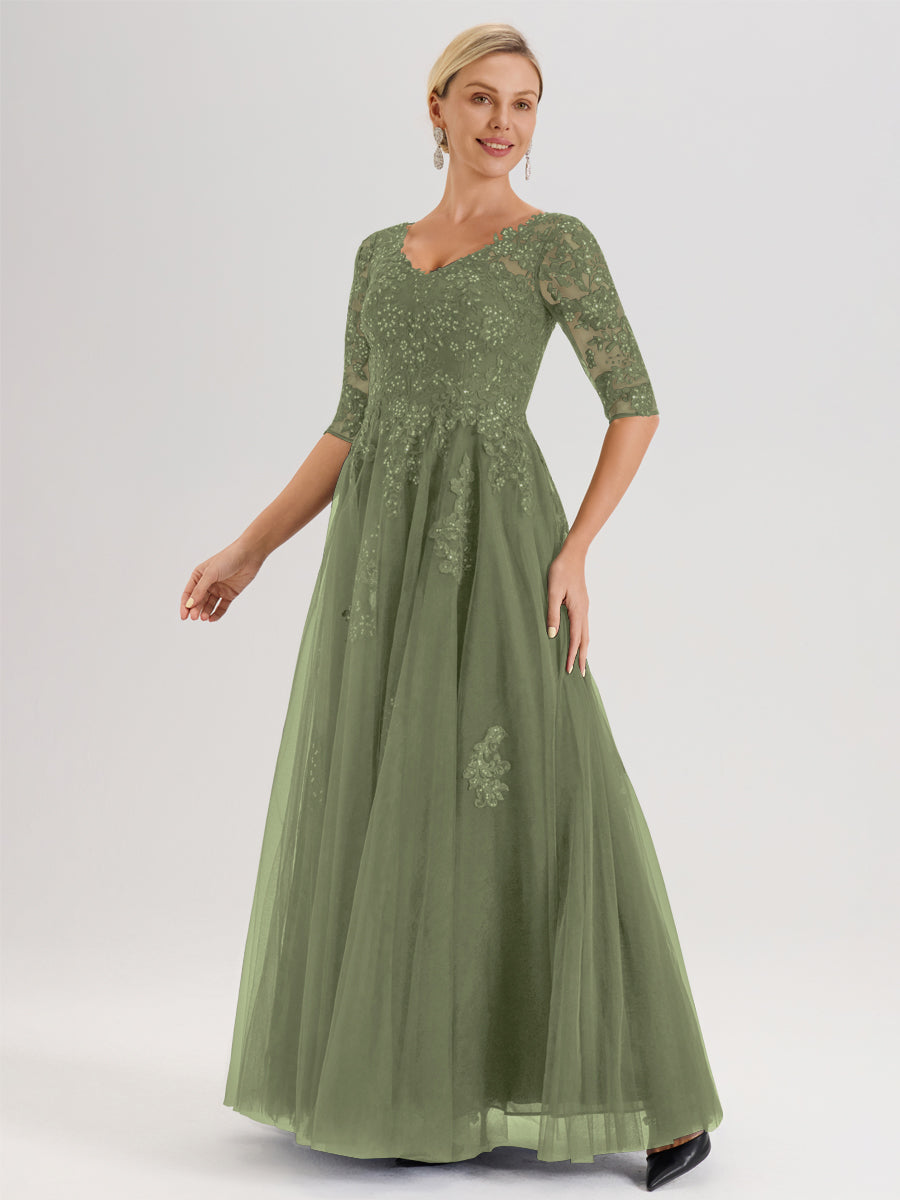Cicinia Vert Olive Robe De Mère De La Mariée Longue Ligne A En Tulle Mousseline Et Dentelle À Décolleté En V Et Manches Demi