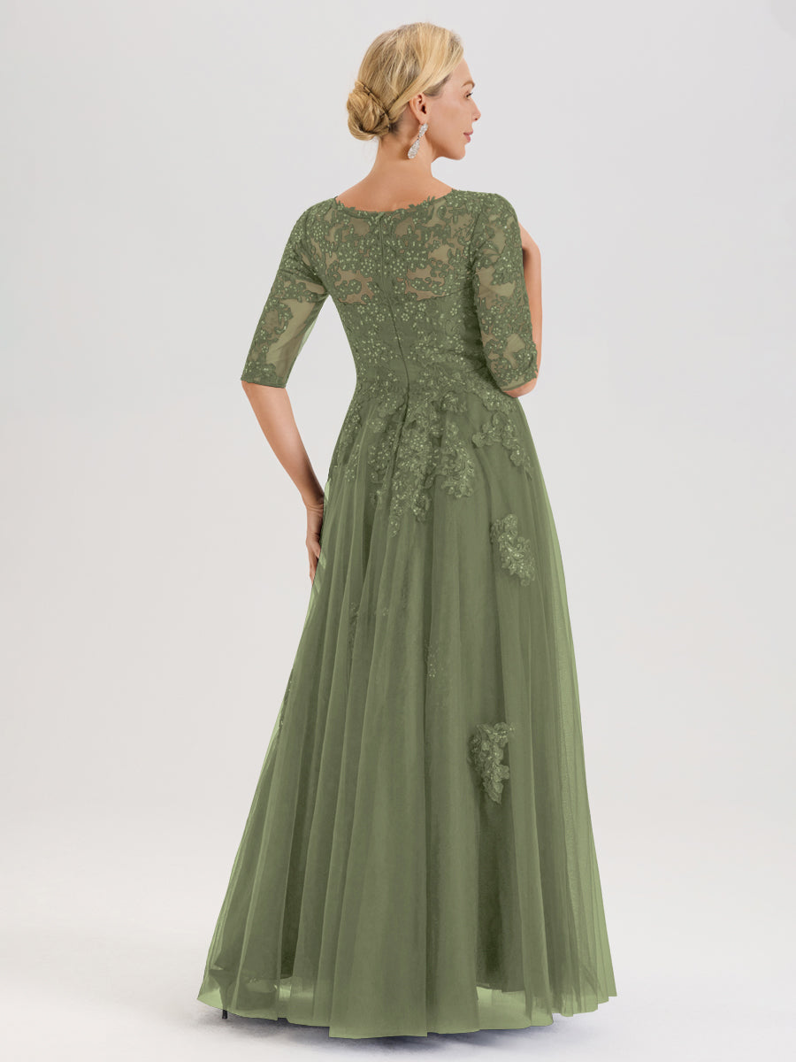 Cicinia Vert Olive Robe De Mère De La Mariée Longue Ligne A En Tulle Mousseline Et Dentelle À Décolleté En V Et Manches Demi