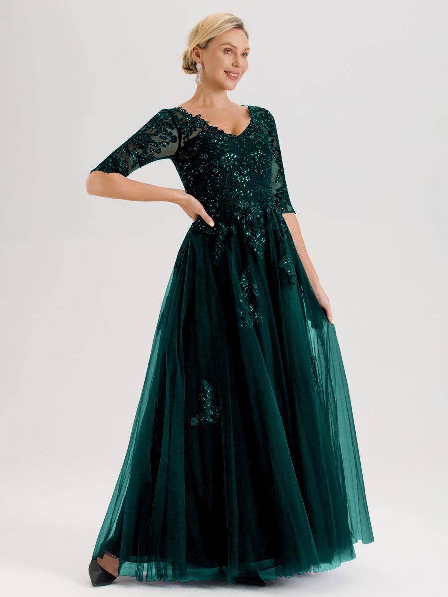 Cicinia Paon Robe De Mère De La Mariée Longue Ligne A En Tulle Mousseline Et Dentelle À Décolleté En V Et Manches Demi