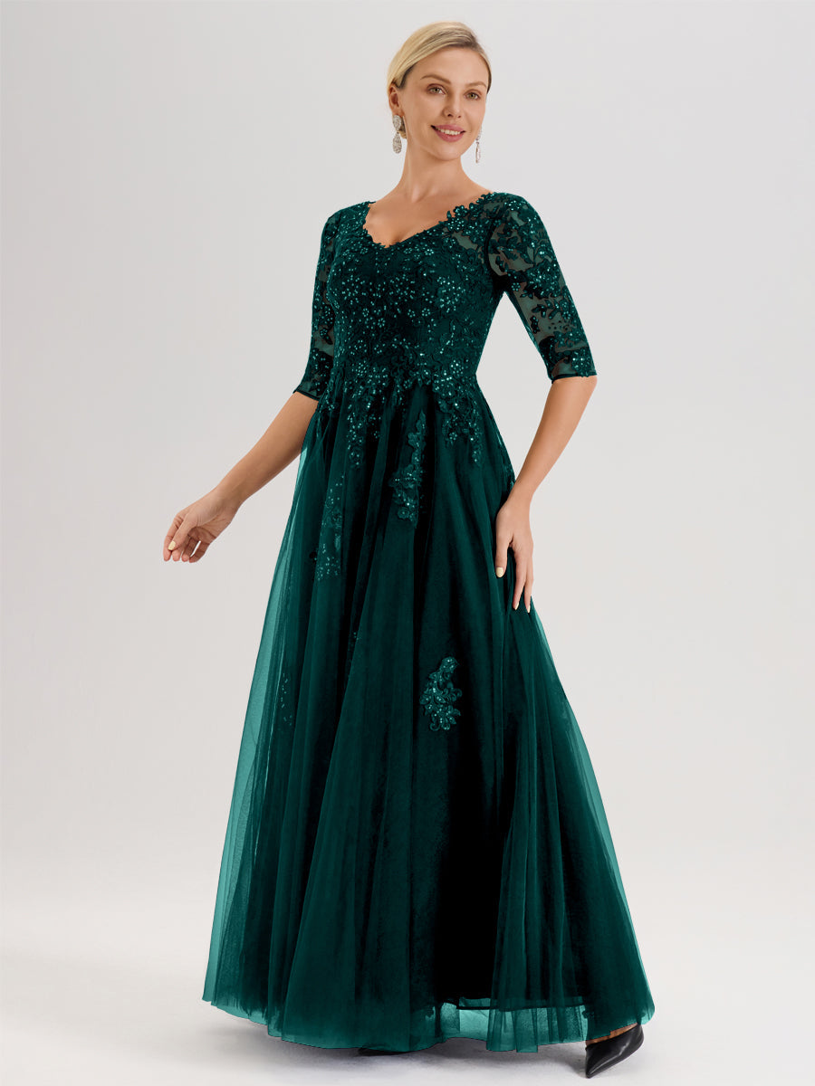 Cicinia Paon Robe De Mère De La Mariée Longue Ligne A En Tulle Mousseline Et Dentelle À Décolleté En V Et Manches Demi