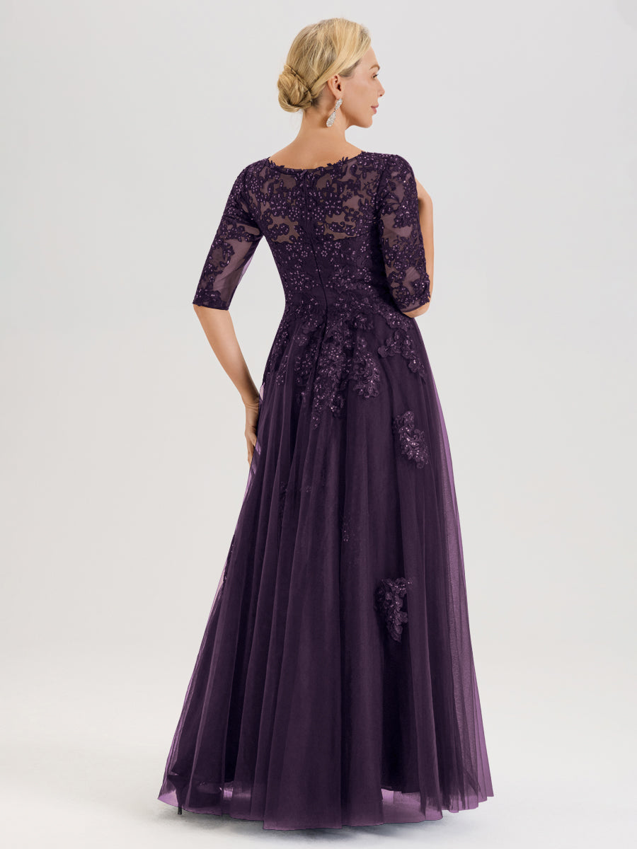Cicinia Plum Robe De Mère De La Mariée Longue Ligne A En Tulle Mousseline Et Dentelle À Décolleté En V Et Manches Demi