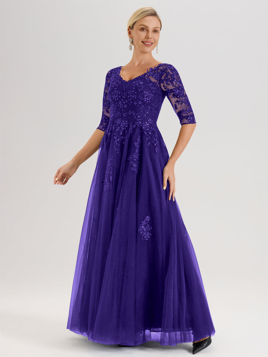 Cicinia Régence Robe De Mère De La Mariée Longue Ligne A En Tulle Mousseline Et Dentelle À Décolleté En V Et Manches Demi