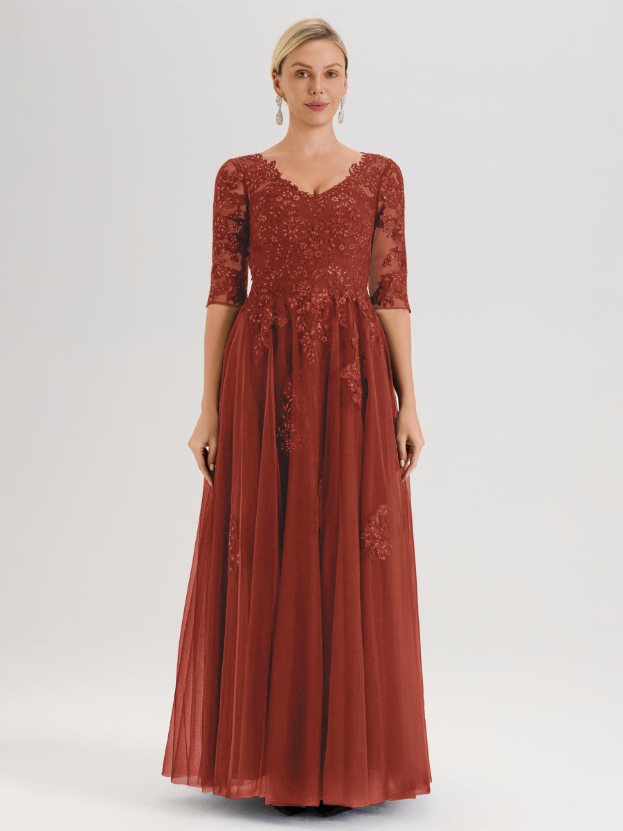 Cicinia Rouille Robe De Mère De La Mariée Longue Ligne A En Tulle Mousseline Et Dentelle À Décolleté En V Et Manches Demi