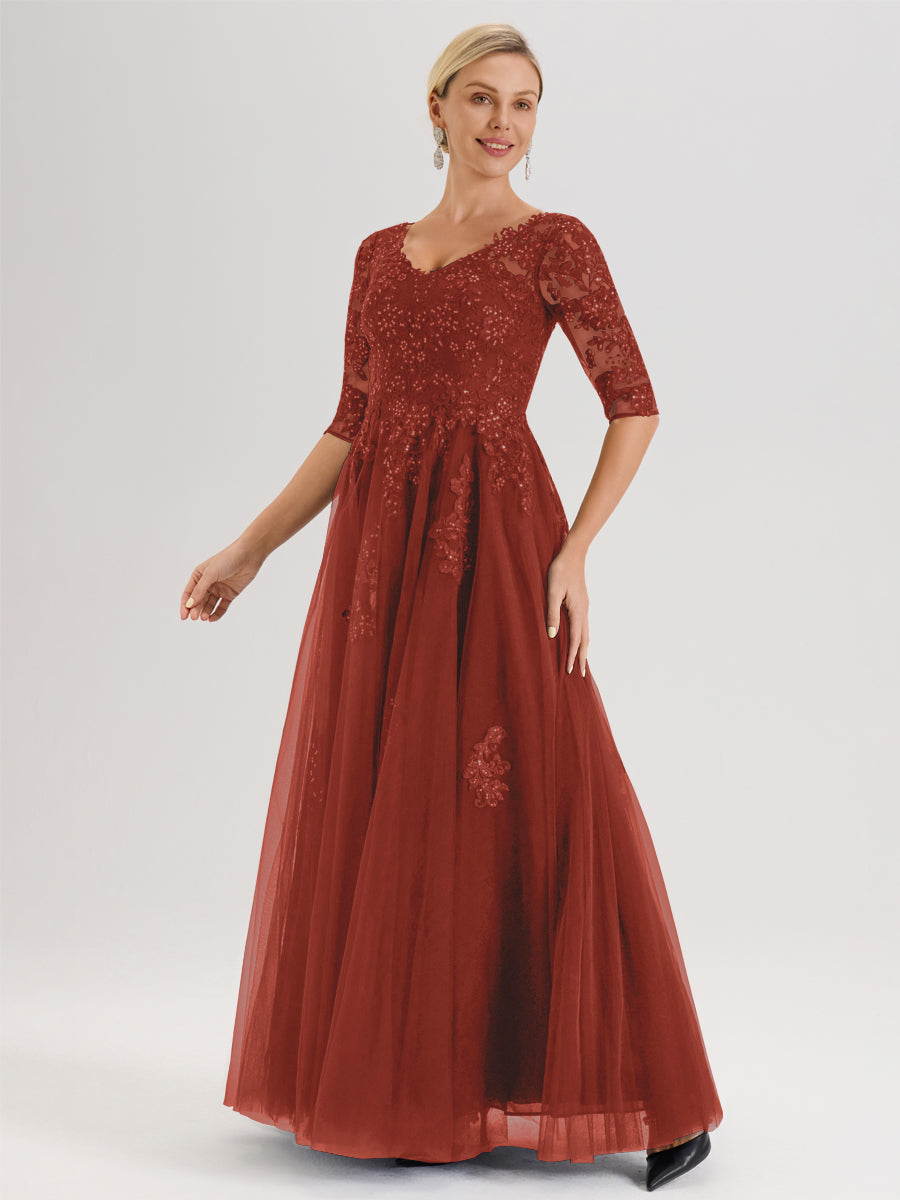 Cicinia Rouille Robe De Mère De La Mariée Longue Ligne A En Tulle Mousseline Et Dentelle À Décolleté En V Et Manches Demi
