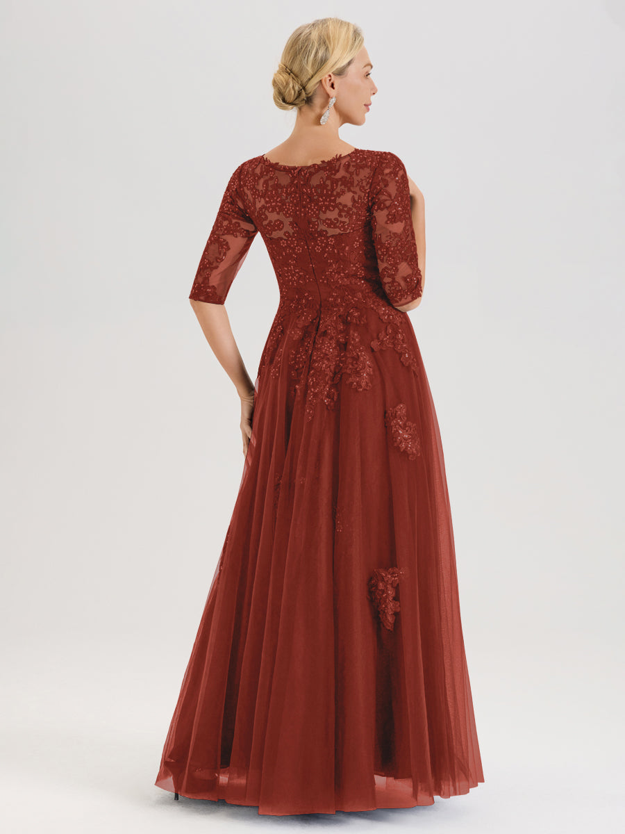 Cicinia Rouille Robe De Mère De La Mariée Longue Ligne A En Tulle Mousseline Et Dentelle À Décolleté En V Et Manches Demi