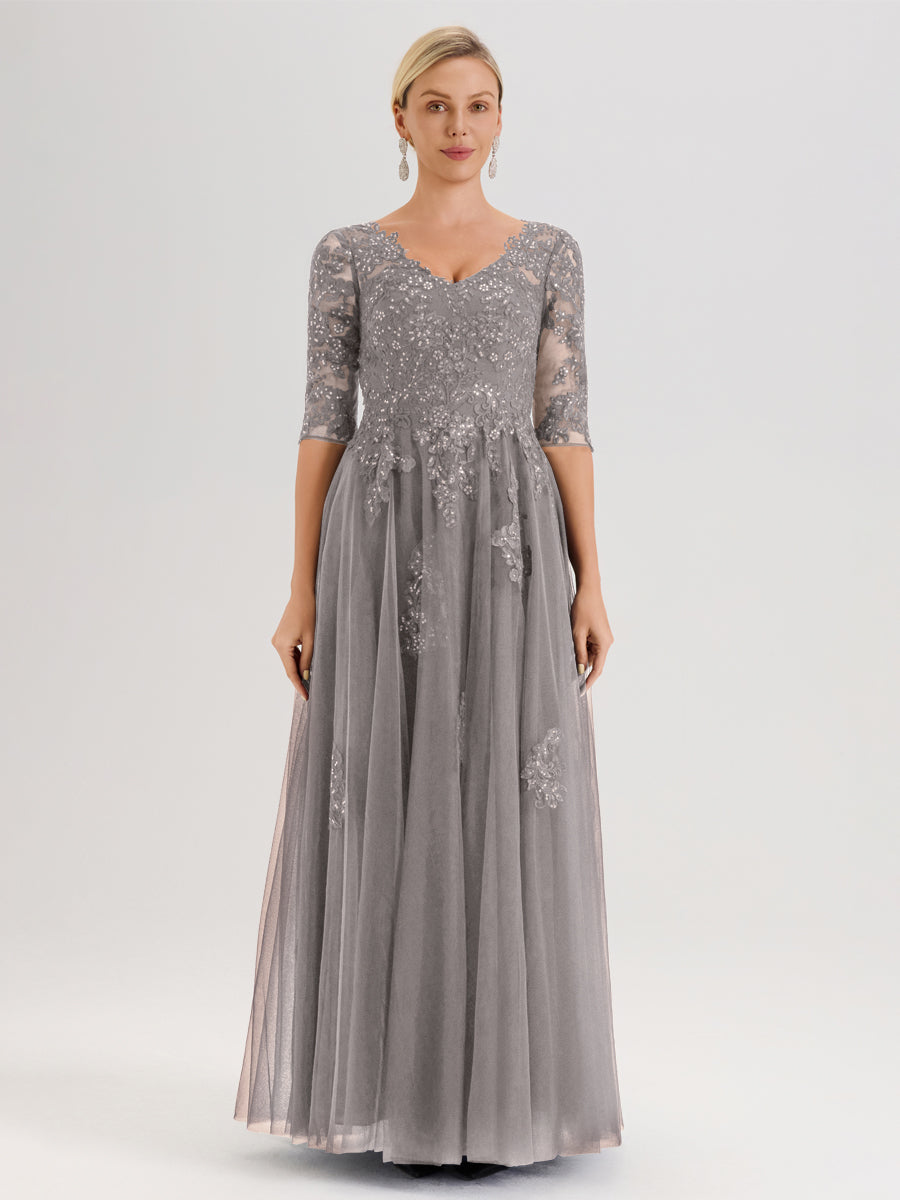 Cicinia Argent Robe De Mère De La Mariée Longue Ligne A En Tulle Mousseline Et Dentelle À Décolleté En V Et Manches Demi