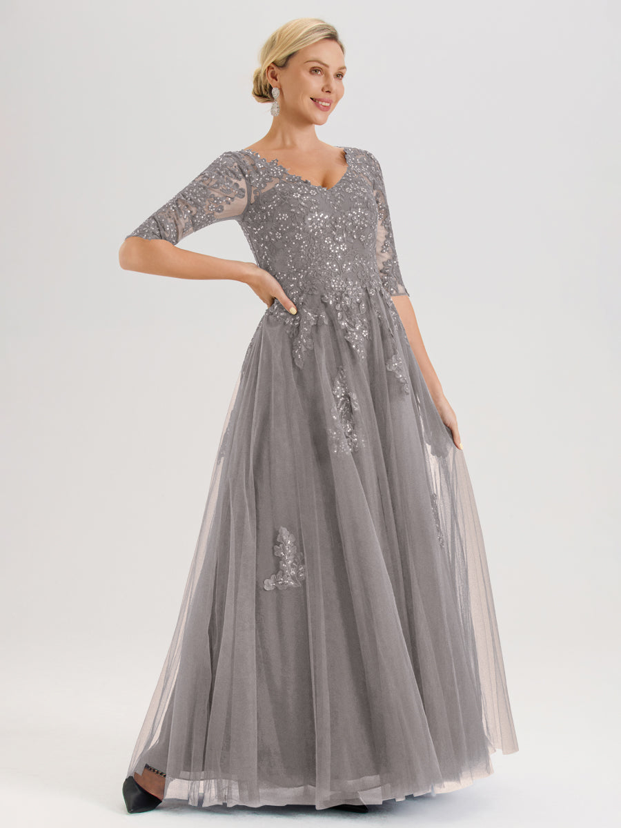 Cicinia Argent Robe De Mère De La Mariée Longue Ligne A En Tulle Mousseline Et Dentelle À Décolleté En V Et Manches Demi