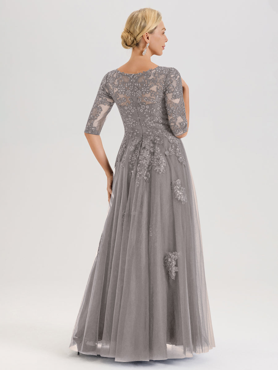 Cicinia Argent Robe De Mère De La Mariée Longue Ligne A En Tulle Mousseline Et Dentelle À Décolleté En V Et Manches Demi